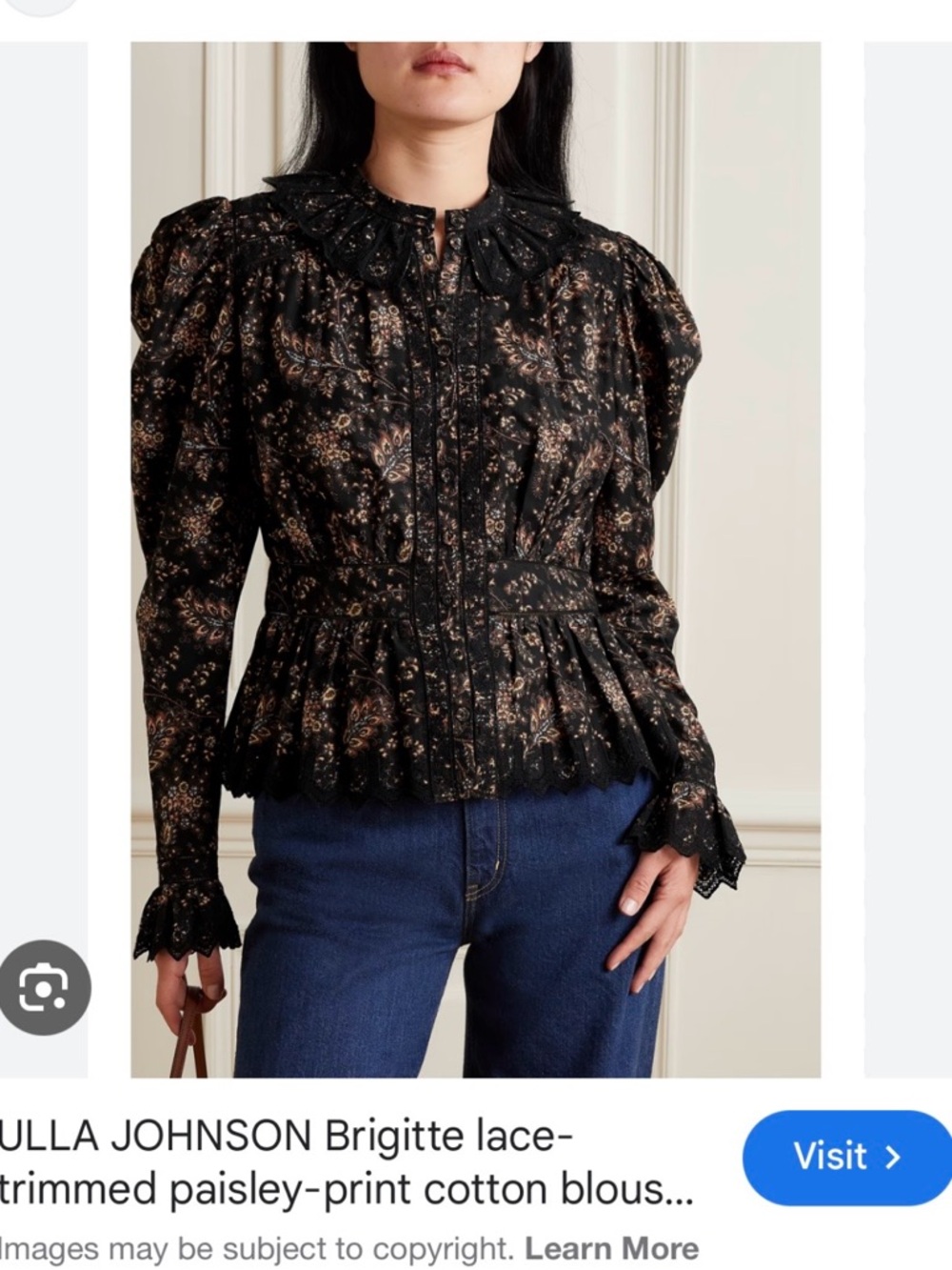 Ulla Johnson Black Paisley Lace-Trim Ruffled Cotton Blouse